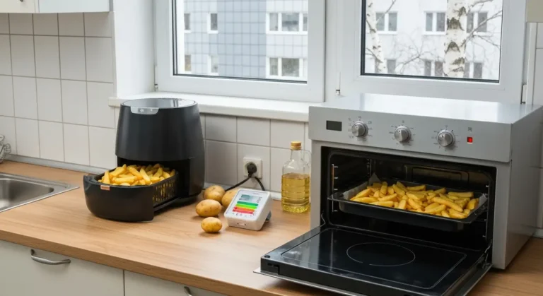 Frytki w koszu air fryera i na blasze piekarnika na kuchennym blacie, obok miernik energii i ziemniaki