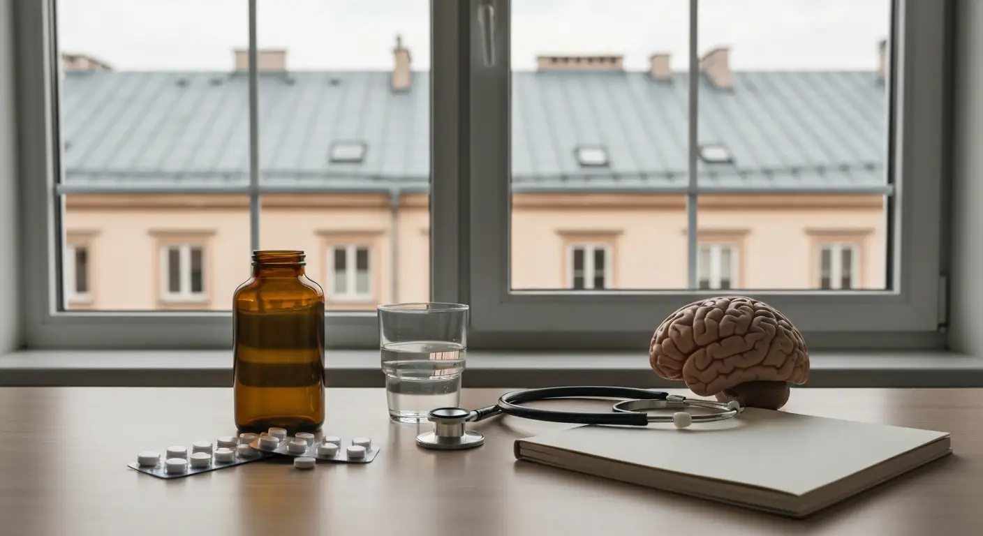 Blistry z tabletkami, szklanka wody i model mozgu na biurku w gabinecie psychiatrycznym przy oknie