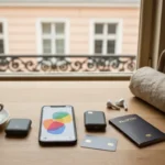 Smartfon z mapa, paszport, karta platnicza i sluchawki na stoliku w kawiarni przy oknie kamienicy