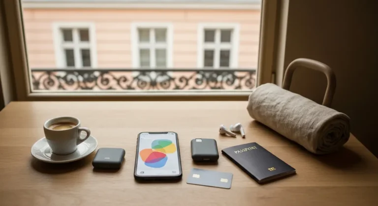 Smartfon z mapa, paszport, karta platnicza i sluchawki na stoliku w kawiarni przy oknie kamienicy