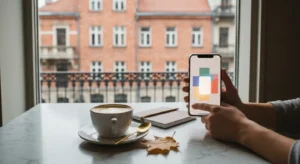 Dlonie trzymajace smartfon nad marmurowym stolikiem w warszawskiej kawiarni, w tle kamienice za oknem