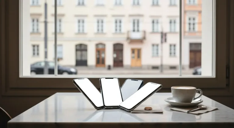 Trzy smartfony z pustymi ekranami na marmurowym stoliku w kawiarni, obok filizanka kawy i okno z widokiem na miejskie ka