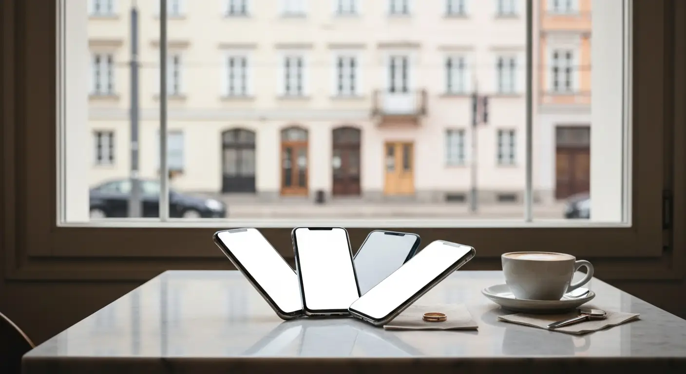 Trzy smartfony z pustymi ekranami na marmurowym stoliku w kawiarni, obok filizanka kawy i okno z widokiem na miejskie ka