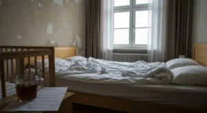 Ciche wnetrze sypialni w polskiej kamienicy o poranku - poscielone lozko, chusta muslinowa i drewniane lozeczko przy okn