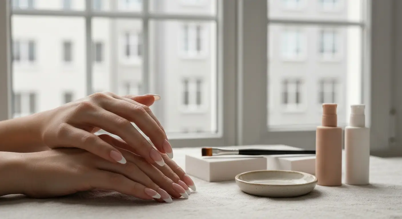 Dlonie z manicure baby boomer - mleczny nude cieniowany w kremowa biel, obok pedzelek i buteleczki zeli