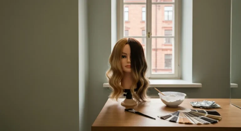 Salon fryzjerski w kamienicy - glowa treningowa z wlosami w technikach balayage i ombre, obok pedzel, miska z rozjasniac