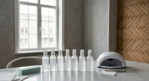 Butelki bazy pod hybrydę, lampa UV LED i polerka na marmurowym blacie w jasnym salonie paznokci