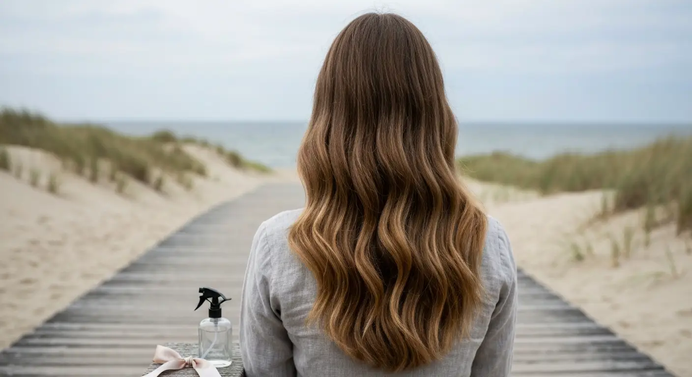 Luzne fale plazowe na dlugich wlosach widziane od tylu na nadmorskim drewnianym pomoscie, obok butelka ze spryskiwaczem