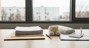 Biurko w urzedzie z pustymi formularzami, dlugopisem, kalkulatorem, bucikami niemowlecymi i fiolka medyczna przy oknie