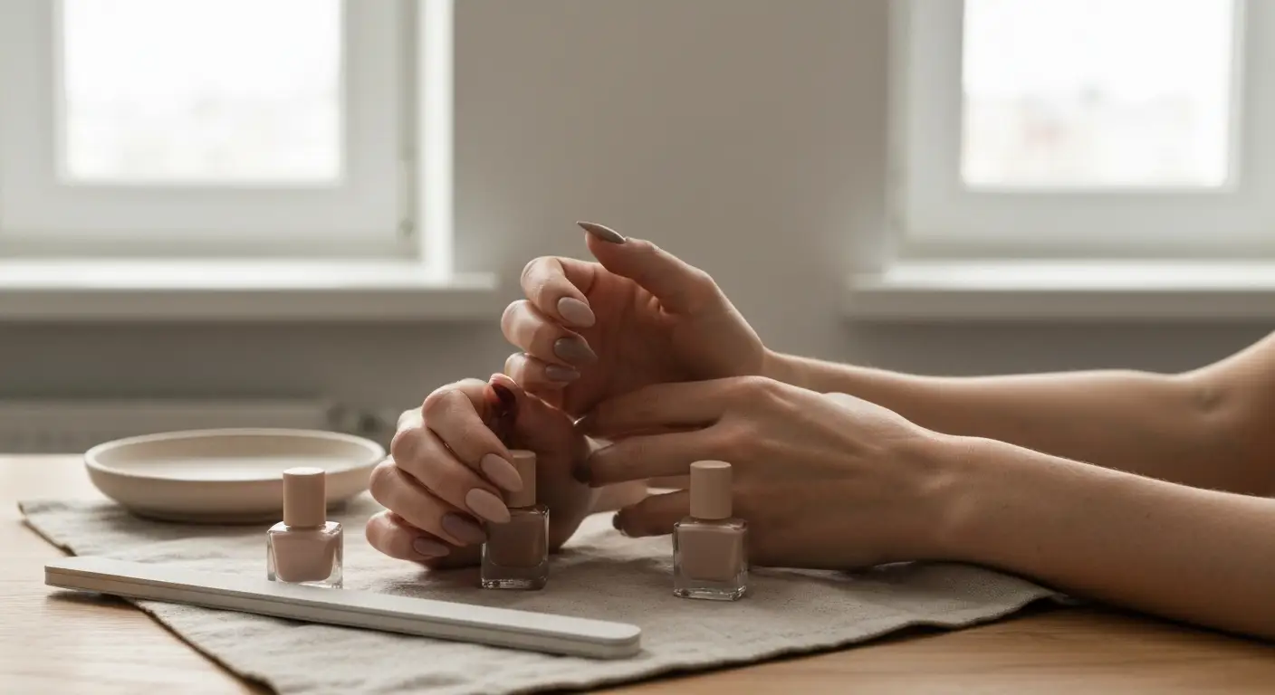 Dlonie z beżowym manicure w odcieniach nude na lnianej tkaninie obok buteleczek lakieru