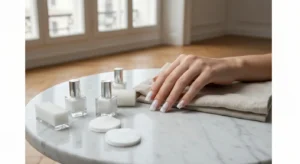 Dlon z mlecznobialym i sniezno bialym manicure na marmurowym stoliku, obok butelki bialego lakieru w jasnym warszawskim