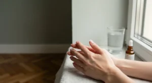 Zbliżenie na dłonie z widocznymi białymi plamkami na naturalnych paznokciach w świetle dziennym