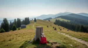 Dzieciecy plecak przy szlaku na trawiastej polonienie w Bieszczadach, w tle pasma Beskidow