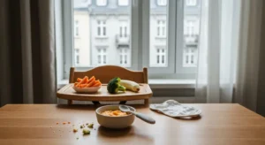 Krzeselko do karmienia z talerzykiem warzyw w slupkach obok miseczki z papka i lyzeczka w jasnej kuchni