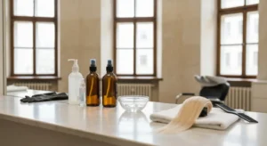 Butelki preparatu odbudowującego włosy, pędzel i pasmo rozjaśnionych włosów na marmurowym blacie w salonie fryzjerskim