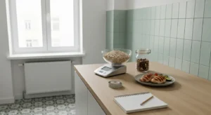Waga lazienkowa, centymetr krawiecki i waga kuchenna z owsiankiem na blacie w jasnej kuchni