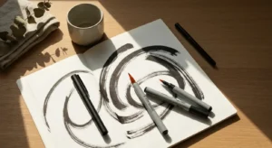 Dwa brushpeny lezace na notesie w kropki z abstrakcyjnymi pociagnieciami tuszu, przy oknie w swietle dziennym