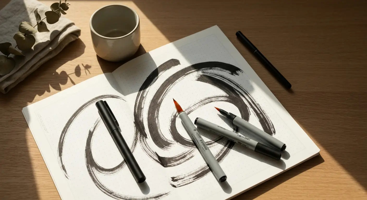Dwa brushpeny lezace na notesie w kropki z abstrakcyjnymi pociagnieciami tuszu, przy oknie w swietle dziennym