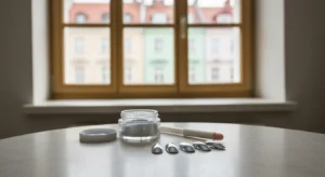 Stanowisko do stylizacji paznokci ze srebrnym pigmentem chrome powder i lustrzanymi tipsami w swietle dziennym