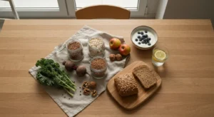 Nieprzetworzone produkty diety clean eating rozlozone na drewnianym stole w jasnej kuchni