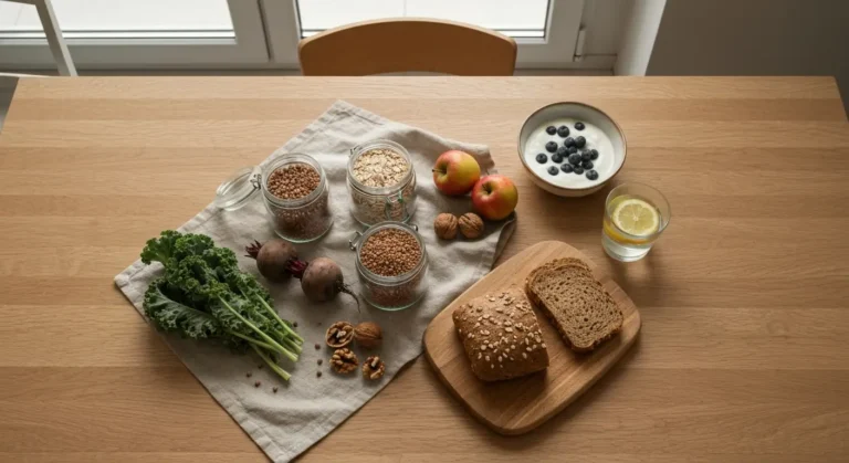 Nieprzetworzone produkty diety clean eating rozlozone na drewnianym stole w jasnej kuchni