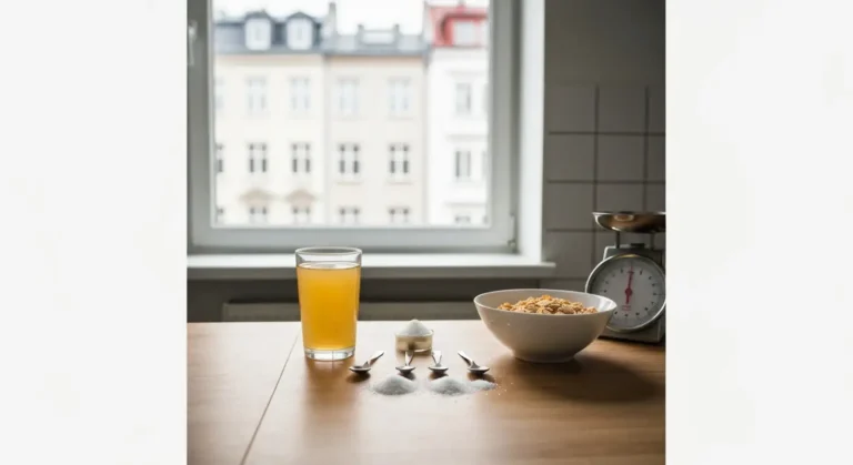 Kuchenny blat z odmierzonymi lyzeczkami cukru obok szklanki soku jablkowego, jogurtu i platkow sniadaniowych