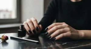 Zblizenie dloni z czarnym manicure w ksztalcie migdala na ciemnym marmurowym blacie obok buteleczki czarnego lakieru