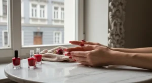 Zblizenie dloni z czerwonym french manicure na marmurowym stole, obok buteleczki czerwonego lakieru