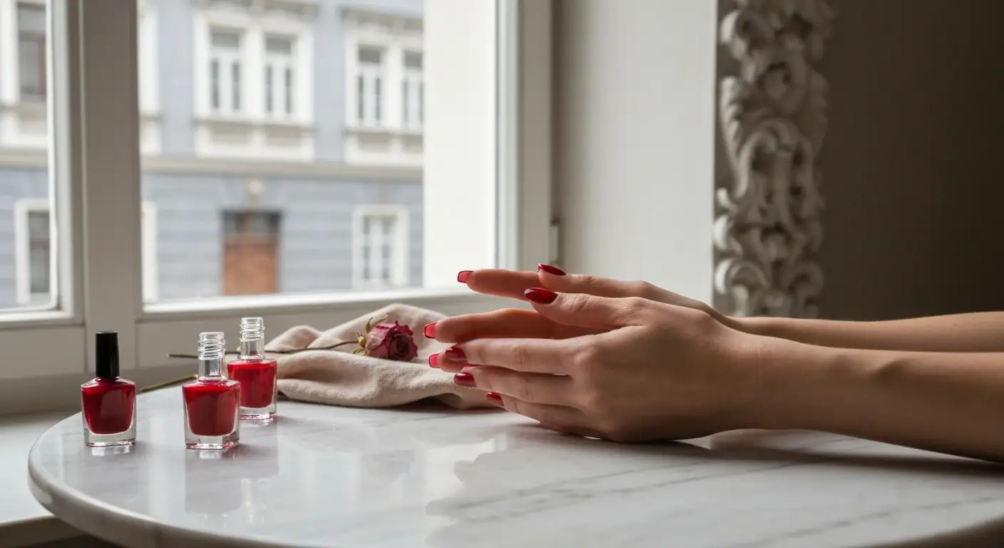 Zblizenie dloni z czerwonym french manicure na marmurowym stole, obok buteleczki czerwonego lakieru