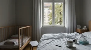 Ciche mieszkanie o poranku - nieposciełane łóżko, drewniane łóżeczko dziecka, wystygła herbata i kwestionariusz na szafc