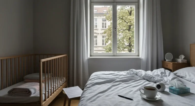 Ciche mieszkanie o poranku - nieposciełane łóżko, drewniane łóżeczko dziecka, wystygła herbata i kwestionariusz na szafc