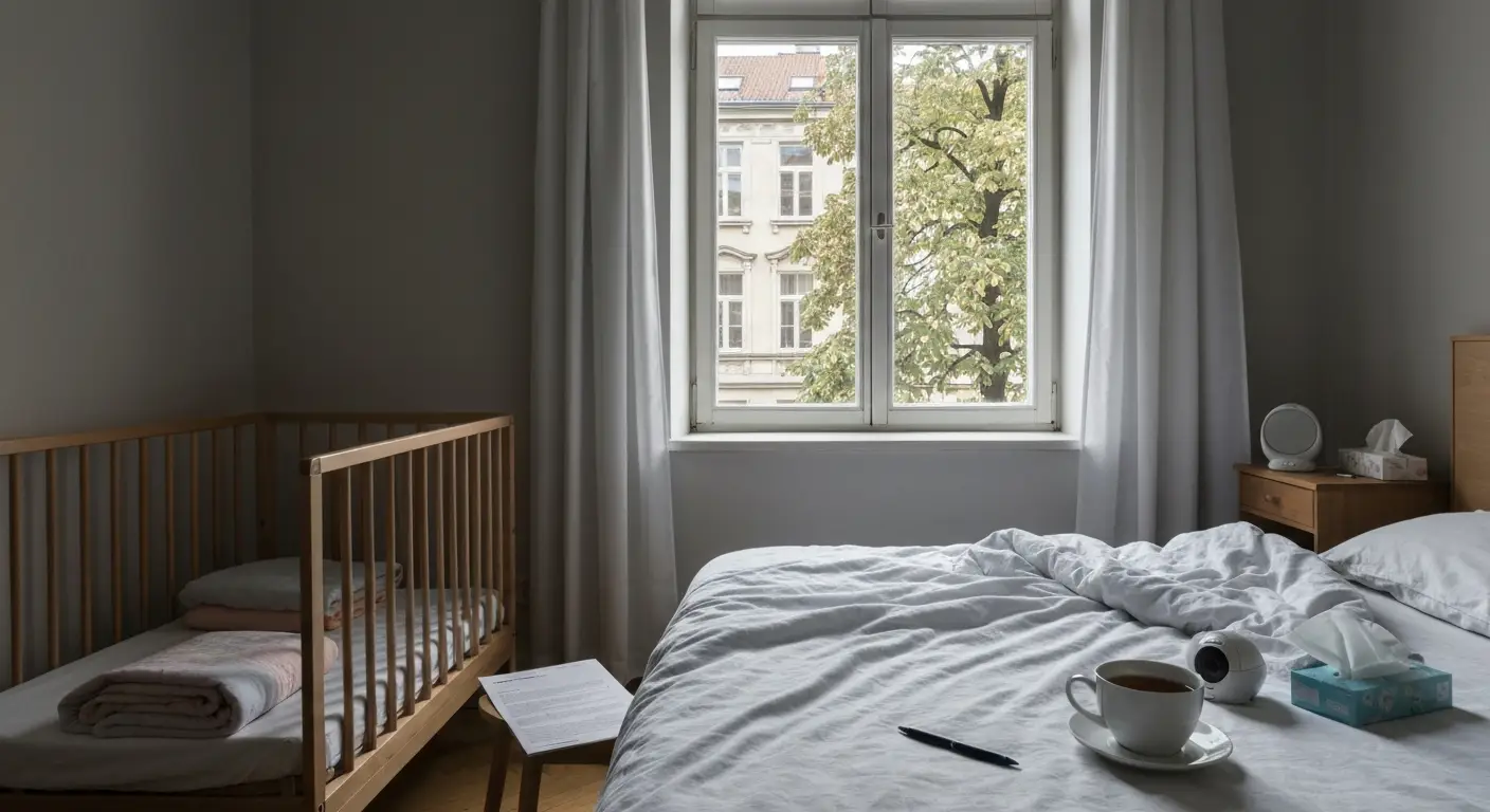 Ciche mieszkanie o poranku - nieposciełane łóżko, drewniane łóżeczko dziecka, wystygła herbata i kwestionariusz na szafc