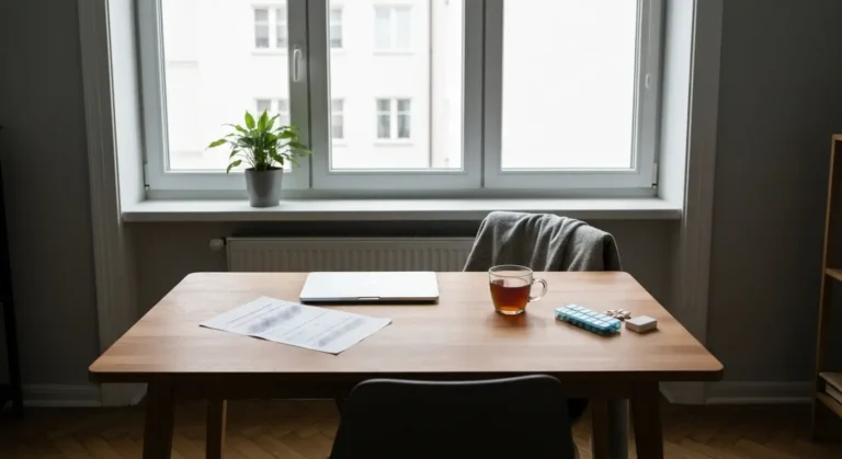 Puste biurko przy oknie w kamienicznym mieszkaniu - zamkniety laptop, stygnaca herbata, kwestionariusz i organizer na le