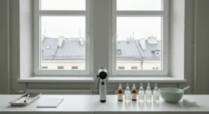 Gabinet w kamienicy - dermatoskop i taca z narzedziami obok ampulek z serum i platkow kosmetycznych