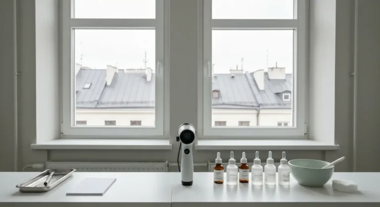 Gabinet w kamienicy - dermatoskop i taca z narzedziami obok ampulek z serum i platkow kosmetycznych
