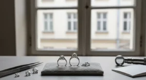 Dwa pierscionki zareczynowe z diamentem i moissanitem na zamszowej podkladce, obok luzne kamienie, pinceta i lupa jubile