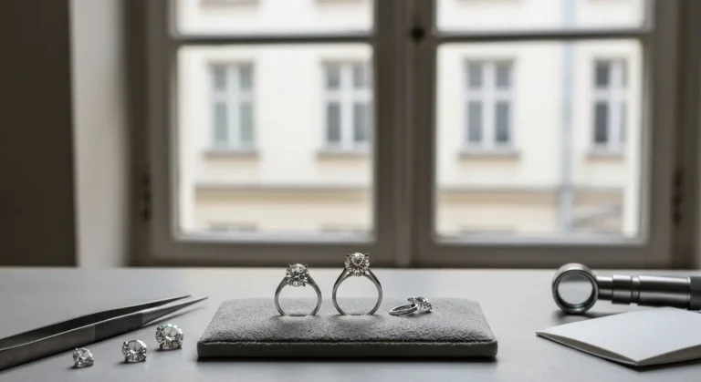 Dwa pierscionki zareczynowe z diamentem i moissanitem na zamszowej podkladce, obok luzne kamienie, pinceta i lupa jubile