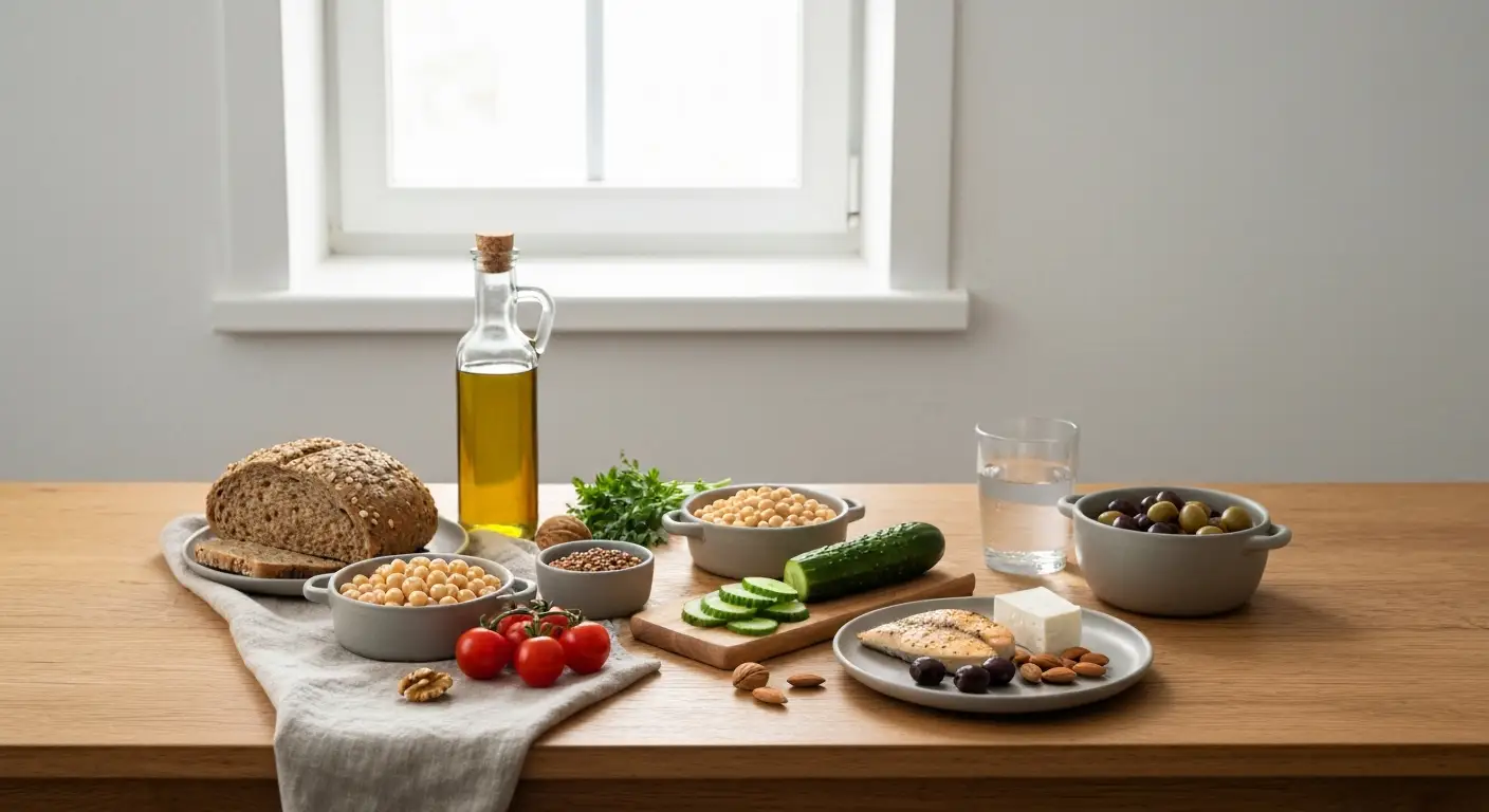 Stol kuchenny z produktami diety srodziemnomorskiej - oliwa z oliwek, warzywa, straczki, orzechy, ryba i pieczywo pelnoz