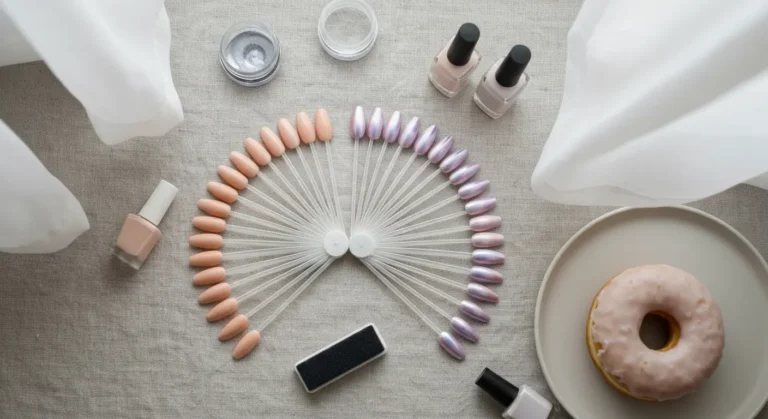Dwa zestawy tipsow na lnianej tkaninie - mleczny brzoskwiniowy manicure obok lustrzanego chromowanego wykonczenia, obok