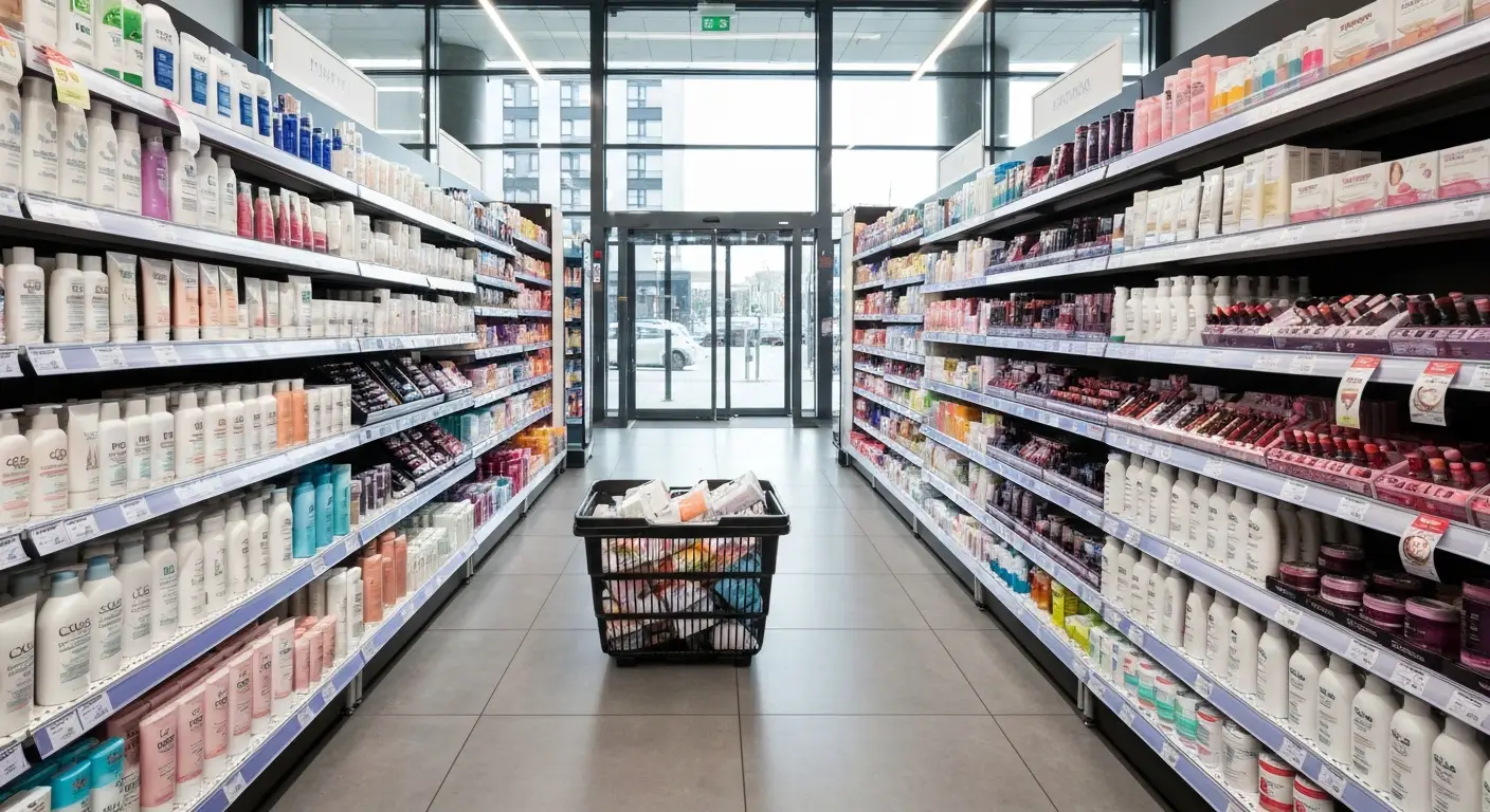 Alejka drogeryjna z polkami pelnymi kosmetykow i koszyk z produktami do pielegnacji